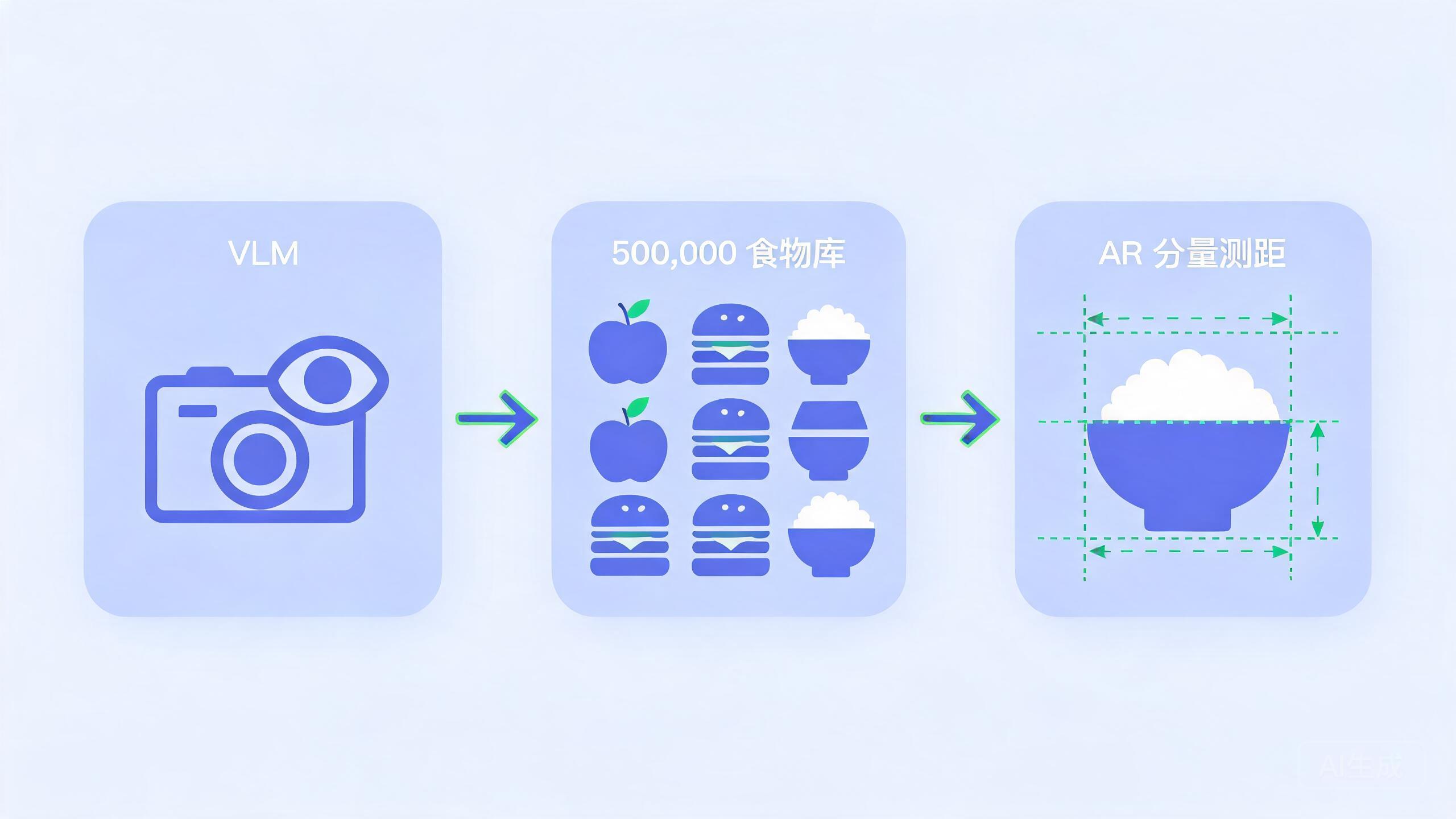 AI 拍照识别食物热量的技术架构：VLM + 50 万食物库 + AR 分量测距