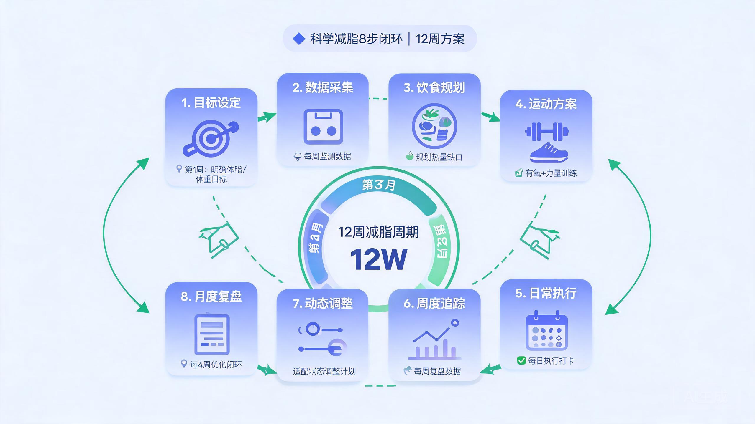 科学减脂的 8 步闭环：从目标设定到月度复盘的可执行 12 周方案